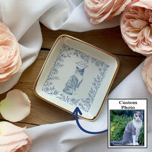 Custom Dog Cat Jewelry Dish, Toile De Jouy Pet Ring Dish , Personalized Pet Portrait Ceramic Christmas , Pet Mom Photo Gift, Pet Lover Gift