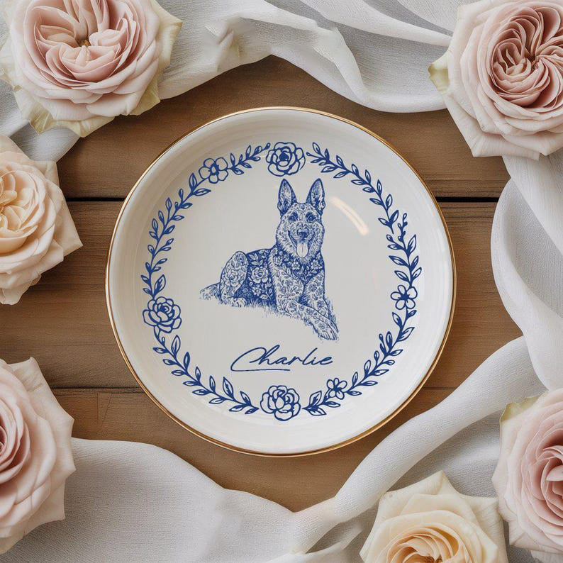 Custom Dog Cat Jewelry Dish, Toile De Jouy Pet Ring Dish , Personalized Pet Portrait Ceramic Christmas , Pet Mom Photo Gift, Pet Lover Gift