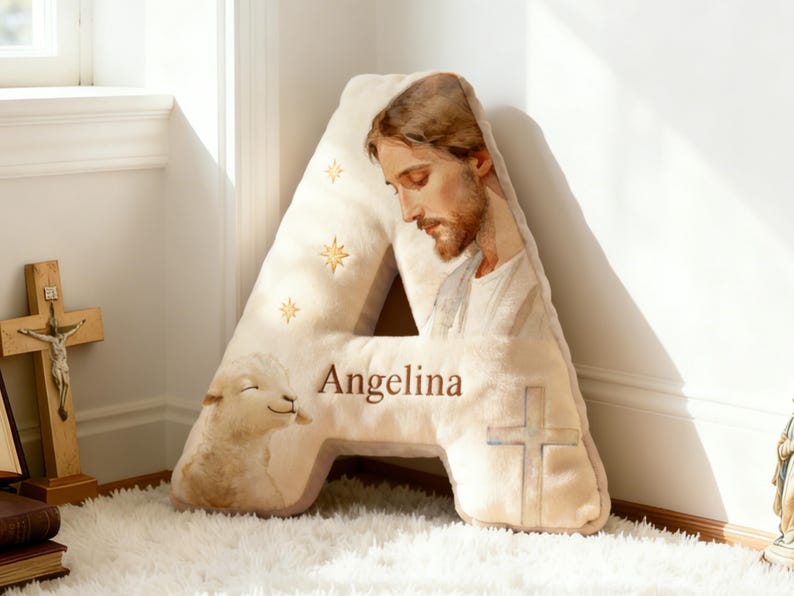 Custom Jesus Pillow,Personalized Initial Christ Decor,Letter Cushion for Nursery,Easter Gift for Christian