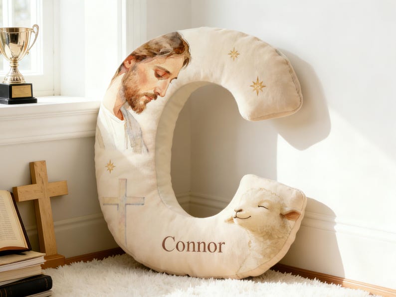 Custom Jesus Pillow,Personalized Initial Christ Decor,Letter Cushion for Nursery,Easter Gift for Christian