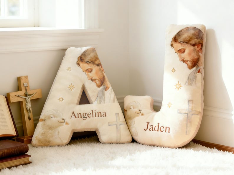 Custom Jesus Pillow,Personalized Initial Christ Decor,Letter Cushion for Nursery,Easter Gift for Christian