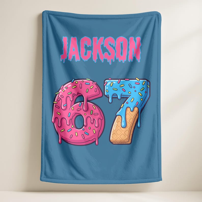 Custom Funny Six Seven Kids Name Blanket,Personalized Ice Cream Drip Number Blanket,67 Gen Meme Holiday Gift,Mason 67 Joke Blanket for Kids