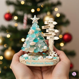 Personalized Beach Family Acrylic Ornament, Custom Sea Glass Coastal Christmas 2025 Gift