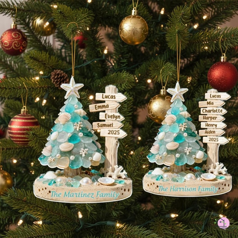 Personalized Beach Family Acrylic Ornament, Custom Sea Glass Coastal Christmas 2025 Gift