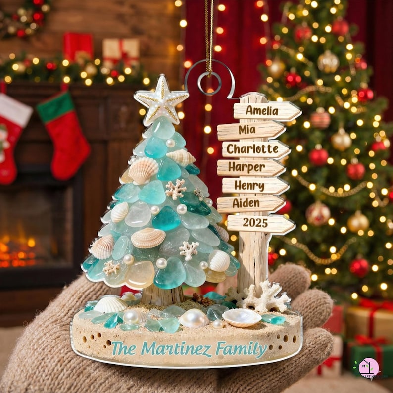 Personalized Beach Family Acrylic Ornament, Custom Sea Glass Coastal Christmas 2025 Gift