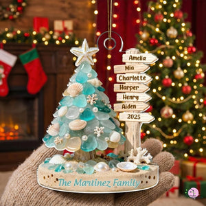 Personalized Beach Family Acrylic Ornament, Custom Sea Glass Coastal Christmas 2025 Gift