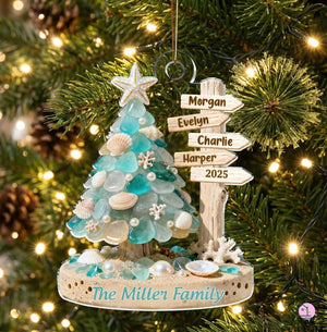 Personalized Beach Family Acrylic Ornament, Custom Sea Glass Coastal Christmas 2025 Gift