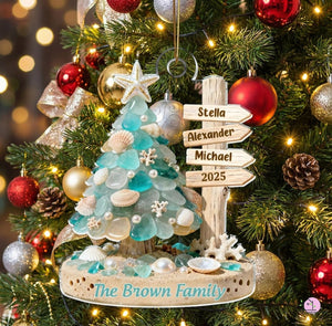 Personalized Beach Family Acrylic Ornament, Custom Sea Glass Coastal Christmas 2025 Gift