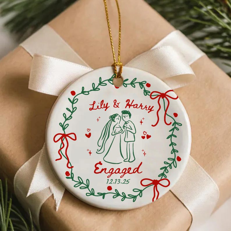 2 Sided Ceramic Ornament, Our First Christmas Engaged, Personalized Engagement Gift for Couples, Wedding Gift Newlyweds, Whimsical Married