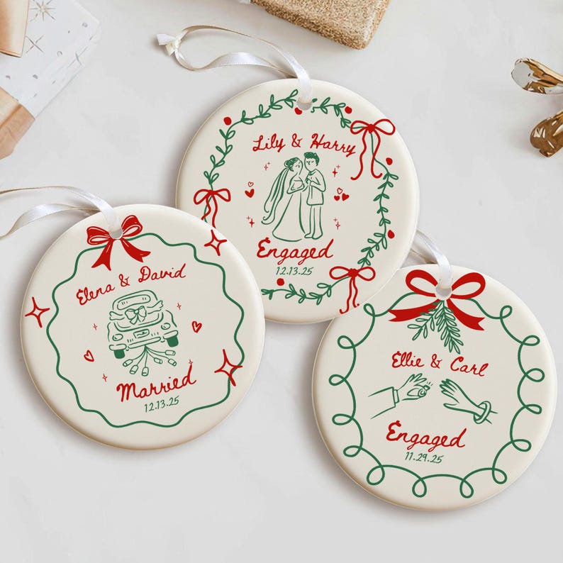 2 Sided Ceramic Ornament, Our First Christmas Engaged, Personalized Engagement Gift for Couples, Wedding Gift Newlyweds, Whimsical Married
