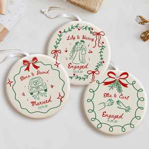 2 Sided Ceramic Ornament, Our First Christmas Engaged, Personalized Engagement Gift for Couples, Wedding Gift Newlyweds, Whimsical Married