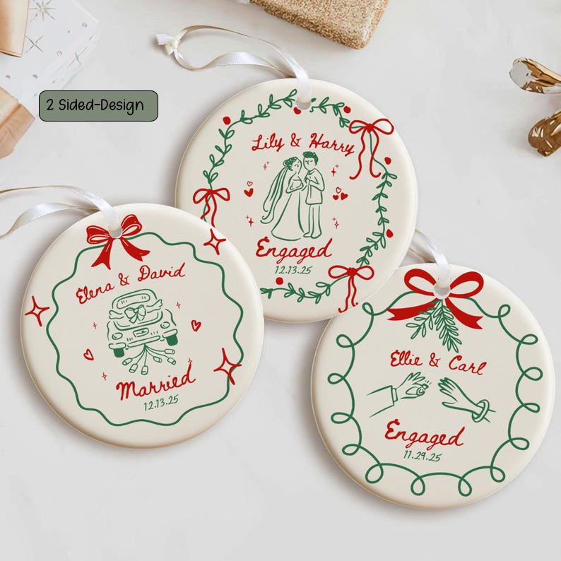 2 Sided Ceramic Ornament, Our First Christmas Engaged, Personalized Engagement Gift for Couples, Wedding Gift Newlyweds, Whimsical Married