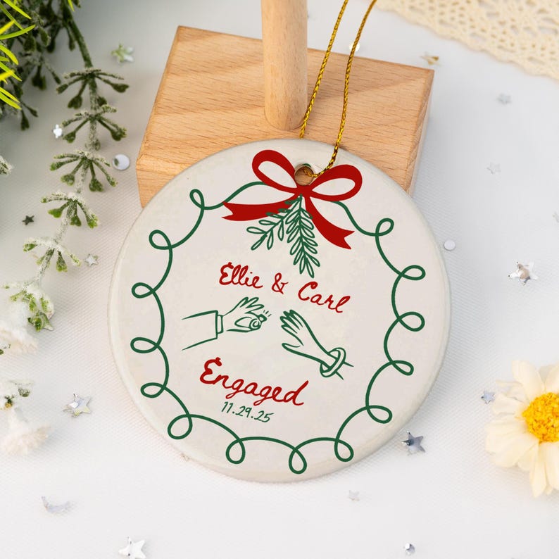 2 Sided Ceramic Ornament, Our First Christmas Engaged, Personalized Engagement Gift for Couples, Wedding Gift Newlyweds, Whimsical Married