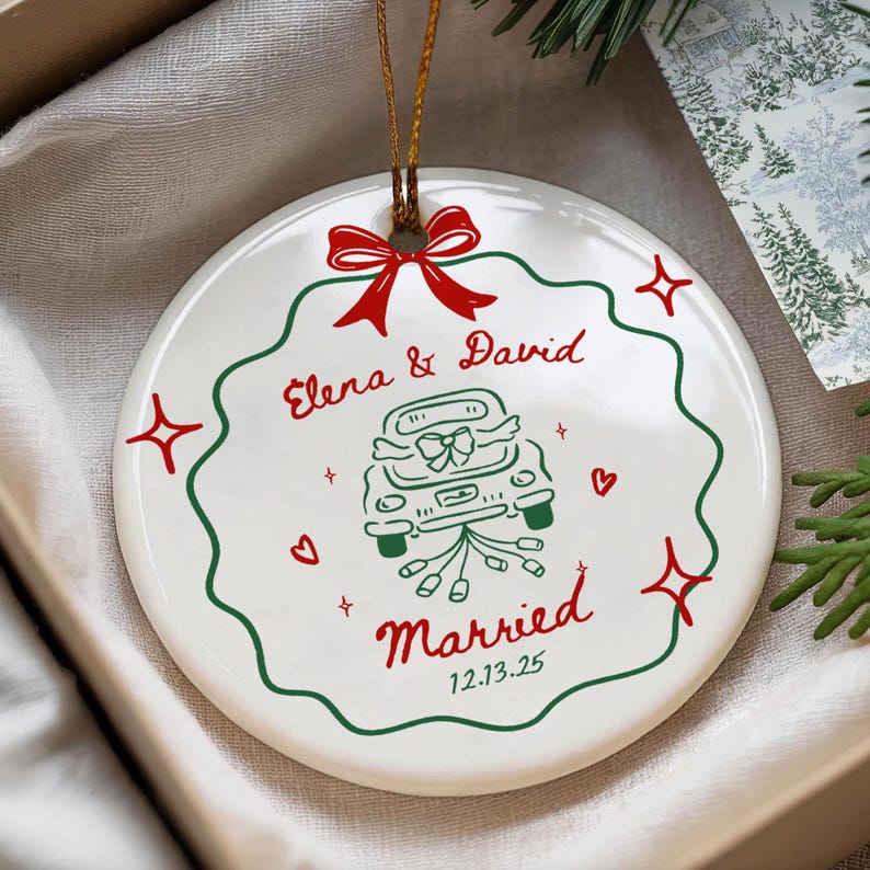 2 Sided Ceramic Ornament, Our First Christmas Engaged, Personalized Engagement Gift for Couples, Wedding Gift Newlyweds, Whimsical Married