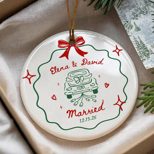 2 Sided Ceramic Ornament, Our First Christmas Engaged, Personalized Engagement Gift for Couples, Wedding Gift Newlyweds, Whimsical Married