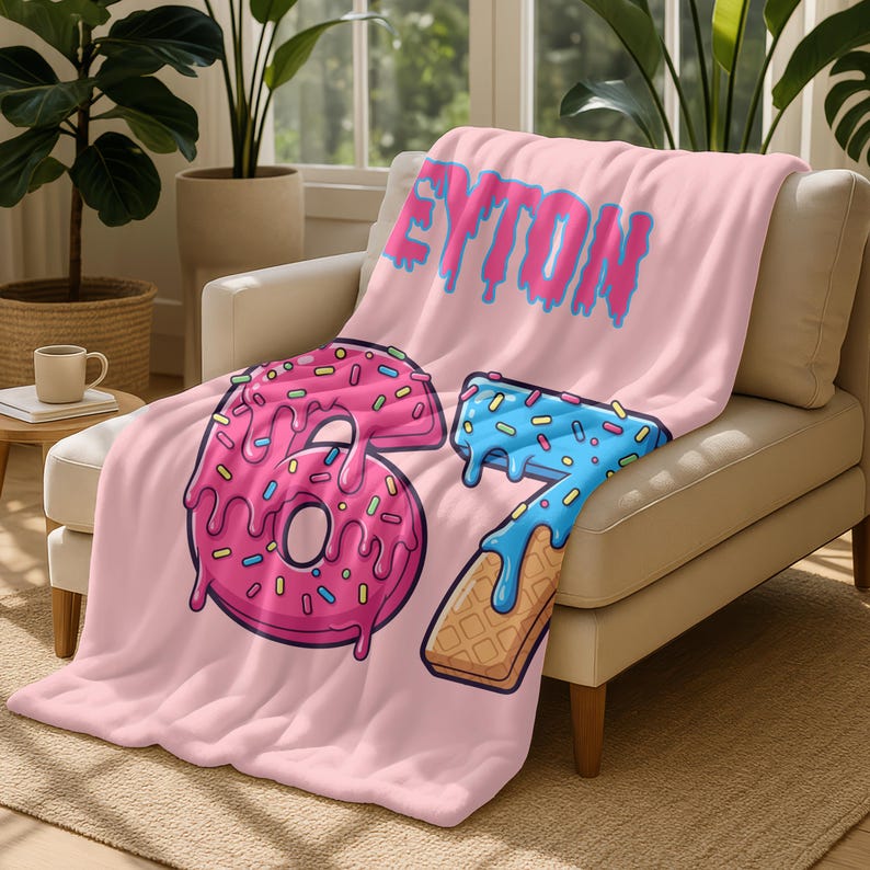 Custom Funny Six Seven Kids Name Blanket,Personalized Ice Cream Drip Number Blanket,67 Gen Meme Holiday Gift,Mason 67 Joke Blanket for Kids