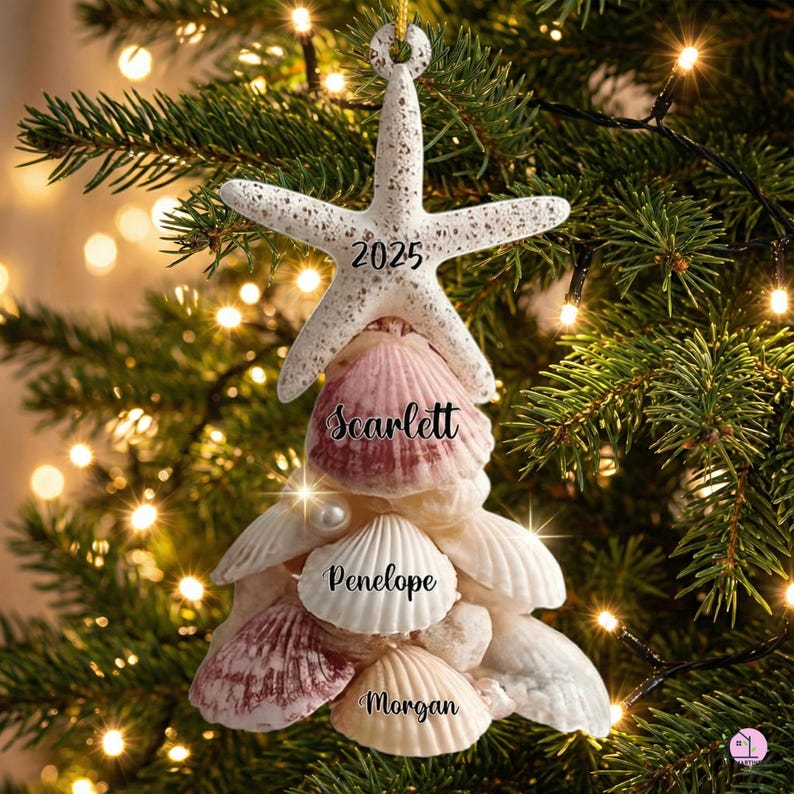Custom Coastal Shell Acrylic Ornament, Personalized Beach Family Christmas 2025 Decor