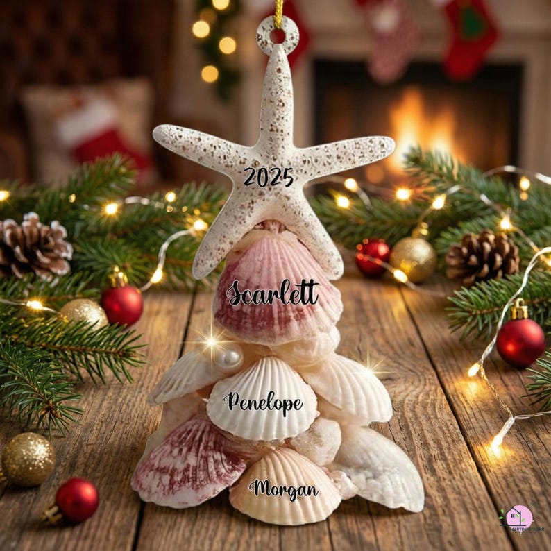 Custom Coastal Shell Acrylic Ornament, Personalized Beach Family Christmas 2025 Decor