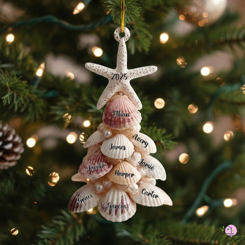 Custom Coastal Shell Acrylic Ornament, Personalized Beach Family Christmas 2025 Decor