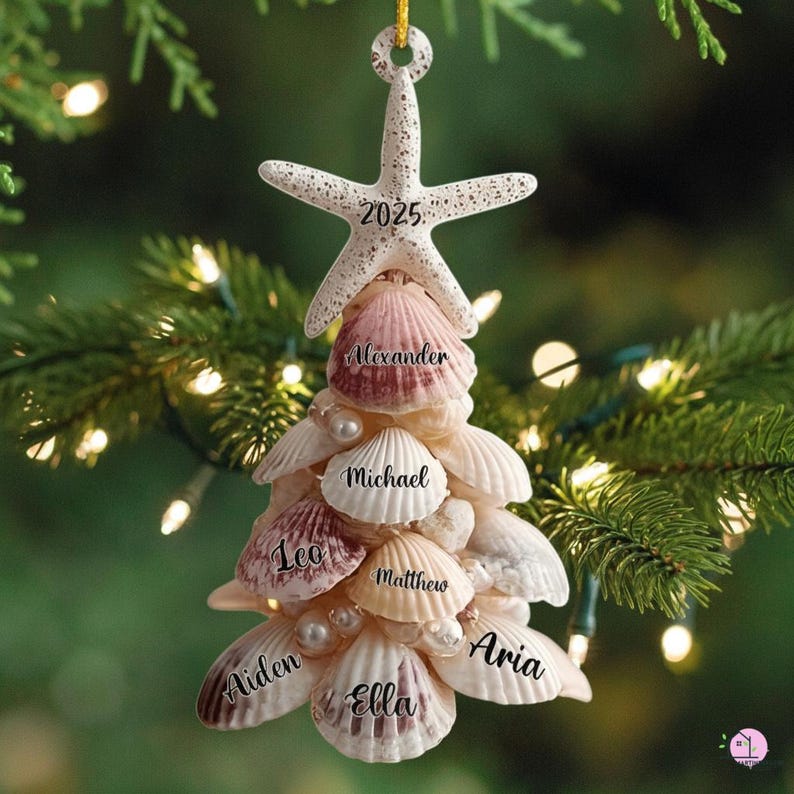 Custom Coastal Shell Acrylic Ornament, Personalized Beach Family Christmas 2025 Decor