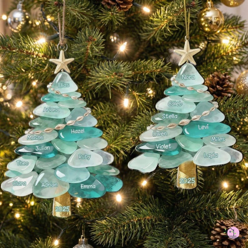 Personalized Sea Glass Family Acrylic Ornament, Coastal Christmas Tree 2025 Gift