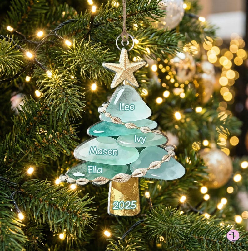 Personalized Sea Glass Family Acrylic Ornament, Coastal Christmas Tree 2025 Gift
