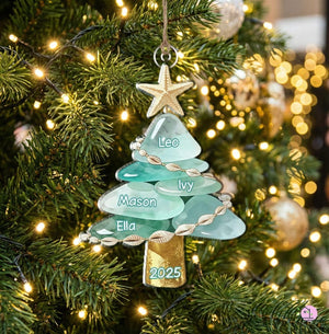 Personalized Sea Glass Family Acrylic Ornament, Coastal Christmas Tree 2025 Gift