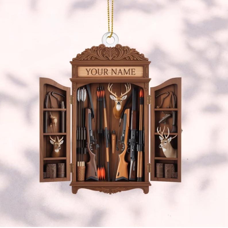 Personalized Hunting Cabinet Ornament: Rustic Hunter Gift 2D FLAT Ornament Custom Name Rustic Hunter Gift Keepsake Unique Hunting Decor for Him