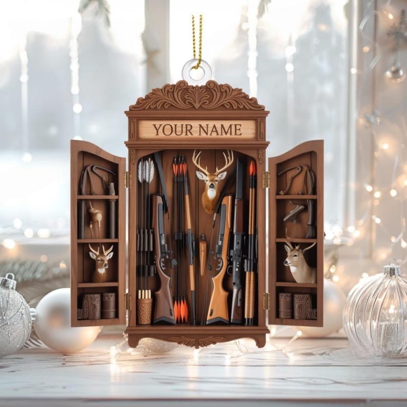 Personalized Hunting Cabinet Ornament: Rustic Hunter Gift 2D FLAT Ornament Custom Name Rustic Hunter Gift Keepsake Unique Hunting Decor for Him