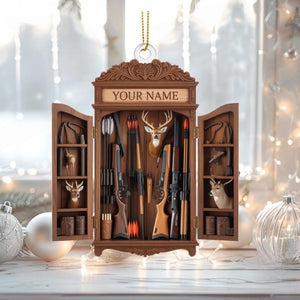 Personalized Hunting Cabinet Ornament: Rustic Hunter Gift 2D FLAT Ornament Custom Name Rustic Hunter Gift Keepsake Unique Hunting Decor for Him