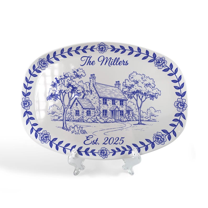 Custom House Photo Platter: Personalized Chinoiserie Style Plate Decor