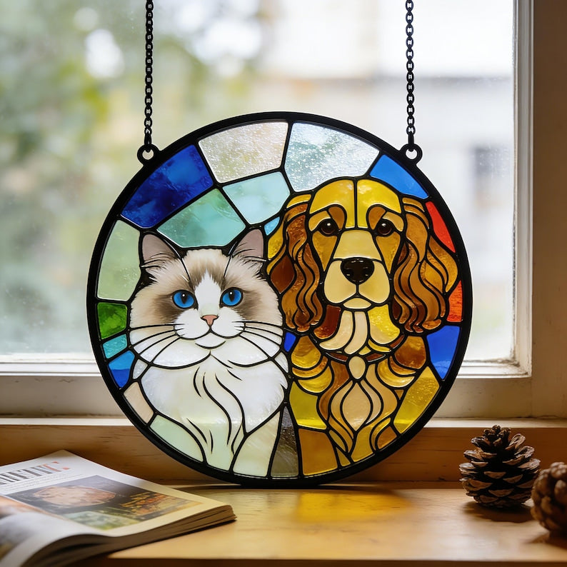 Stained Glass Pet Portrait Personalized Dog & Cat Suncatcher Memorial Gift Custom Window Hanging Art
