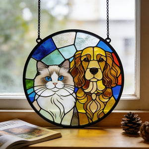 Stained Glass Pet Portrait Personalized Dog & Cat Suncatcher Memorial Gift Custom Window Hanging Art