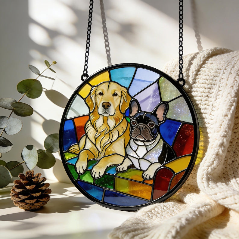 Stained Glass Pet Portrait Personalized Dog & Cat Suncatcher Memorial Gift Custom Window Hanging Art