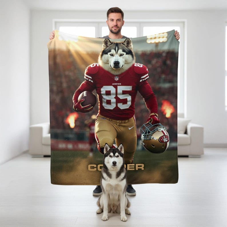 Personalized Football Dog Cat Photo Blanket, Custom Team Face Name League Pet Parents Gift