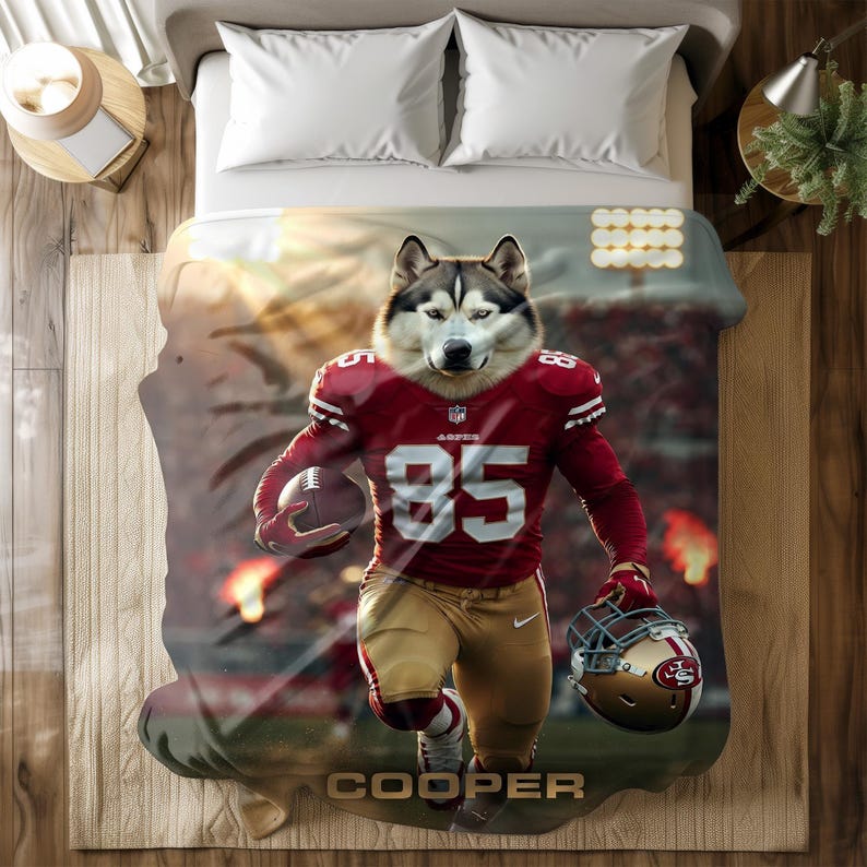 Personalized Football Dog Cat Photo Blanket, Custom Team Face Name League Pet Parents Gift