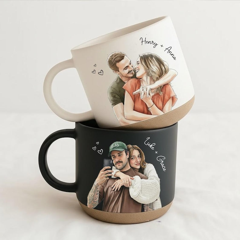 Personalized Couple Photo Pottery Mug, Custom Watercolor Portrait Mug, Boyfriend Girlfriend Gift, Gift for him