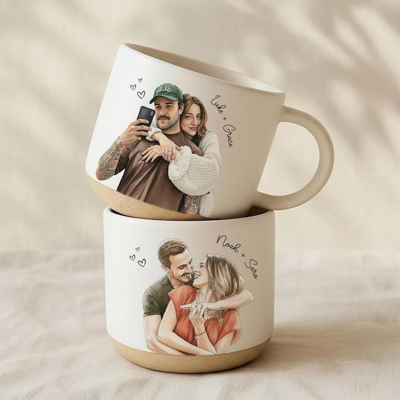 Personalized Couple Photo Pottery Mug, Custom Watercolor Portrait Mug, Boyfriend Girlfriend Gift, Gift for him