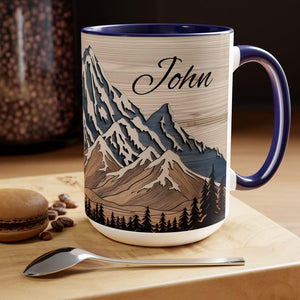 Personalized Mountain Ceramic Mug Custom Name Wood Panel Landscape Rustic Cabin Coffee Drinkware