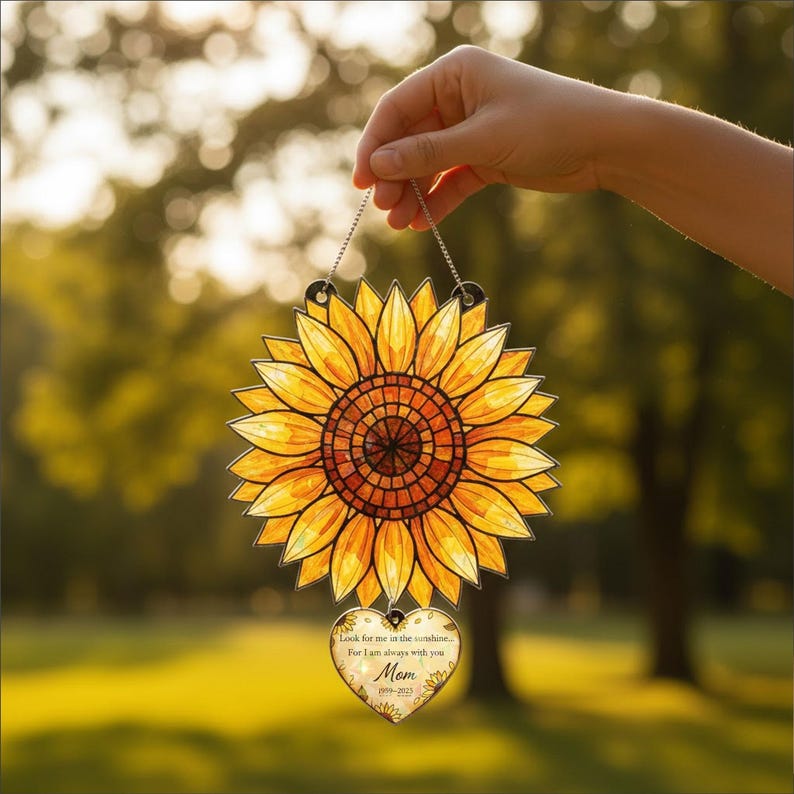 Sunflower Acrylic Suncatcher, Custom Mom Memorial Window Hanging with Heart Charm
