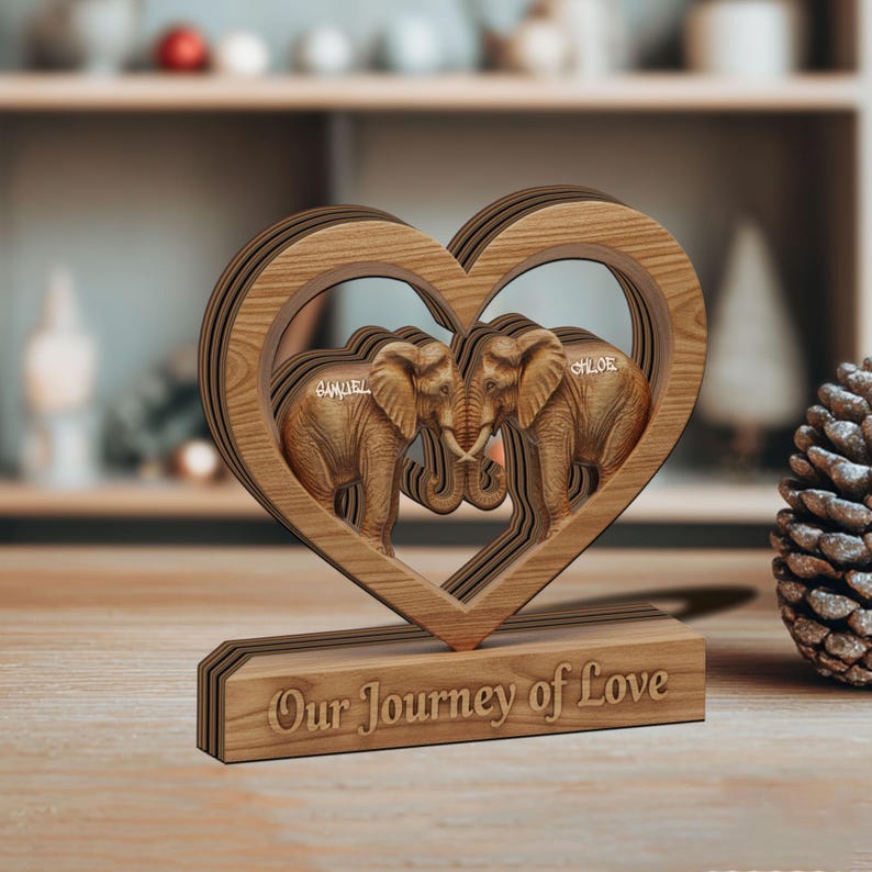 Personalized Wooden Elephant Couple Heart, Anniversary Gift