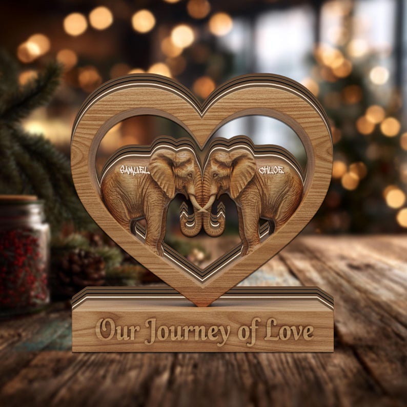 Personalized Wooden Elephant Couple Heart, Anniversary Gift