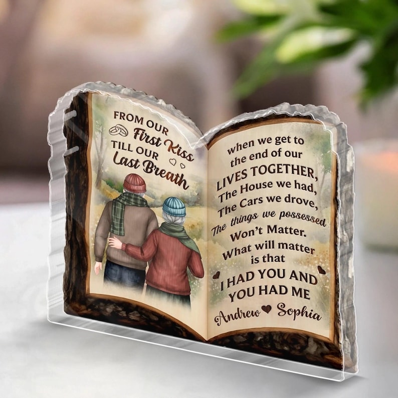 Personalized Book Plaque - First Kiss to Last Breath, Acrylic Couple Keepsake