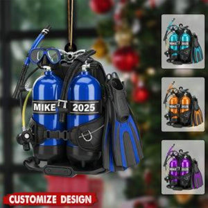 Personalized Scuba Diving Gear Ornament 2025, Custom Name Diver Gift, Underwater Adventure Christmas Decor