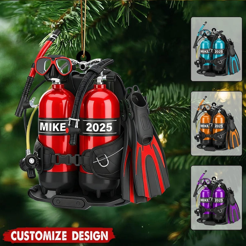Personalized Scuba Diving Gear Ornament 2025, Custom Name Diver Gift, Underwater Adventure Christmas Decor