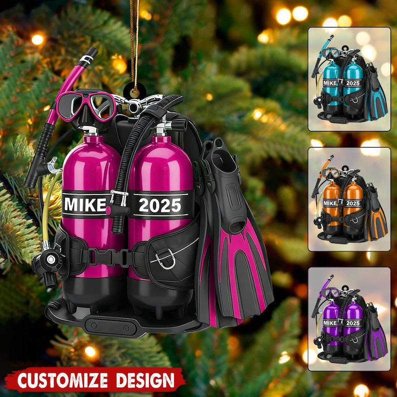 Personalized Scuba Diving Gear Ornament 2025, Custom Name Diver Gift, Underwater Adventure Christmas Decor