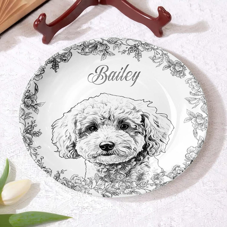Whispers Of Love In Toile De Jouy - Custom Photo Pet Round Plate, Custom Dog Cat Plate, Dog Lover Gift, Cat Lover Gift, Pet Memorial Gift