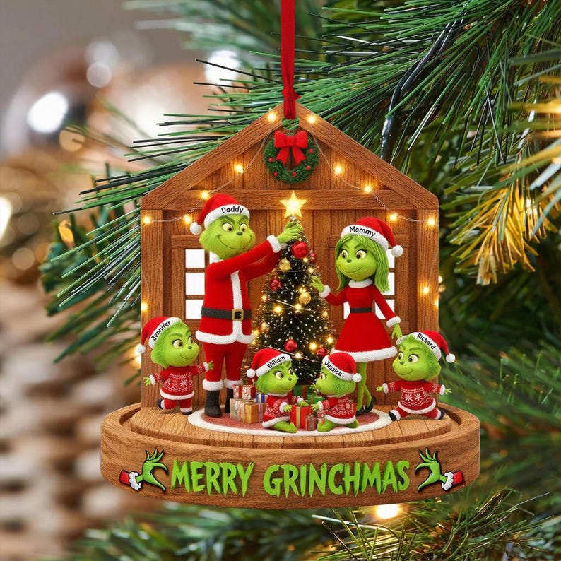 Personalized Grinch Family Christmas Ornament 2025, Custom Holiday Acrylic Keepsake, Cute Grinch Characters Decoration, Family Name Gift