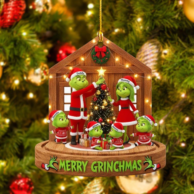 Personalized Grinch Family Christmas Ornament 2025, Custom Holiday Acrylic Keepsake, Cute Grinch Characters Decoration, Family Name Gift