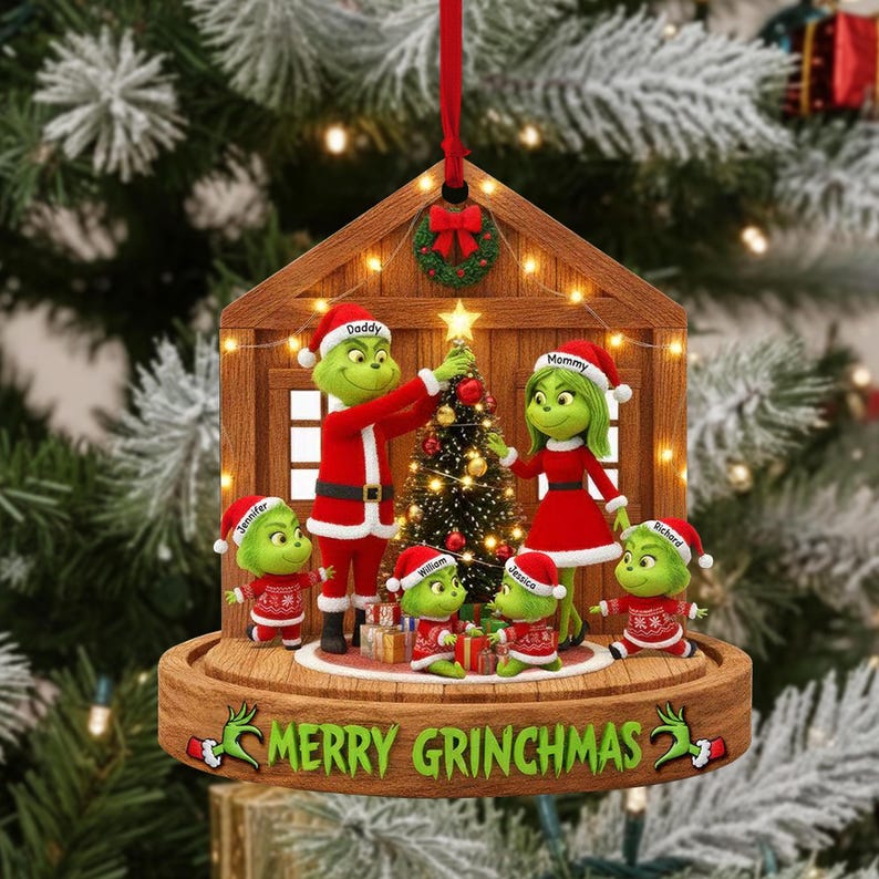 Personalized Grinch Family Christmas Ornament 2025, Custom Holiday Acrylic Keepsake, Cute Grinch Characters Decoration, Family Name Gift